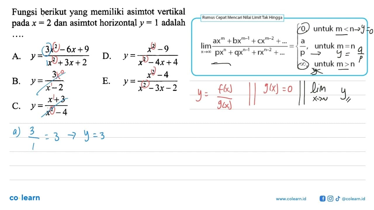 Fungsi berikut yang memiliki asimtot vertikal pada x=2 dan