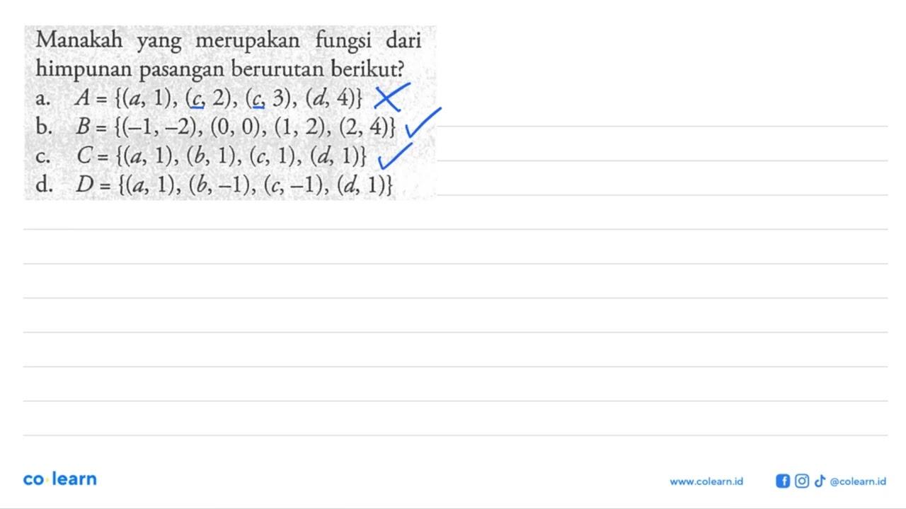 Manakah yang merupakan fungsi dari himpunan pasangan