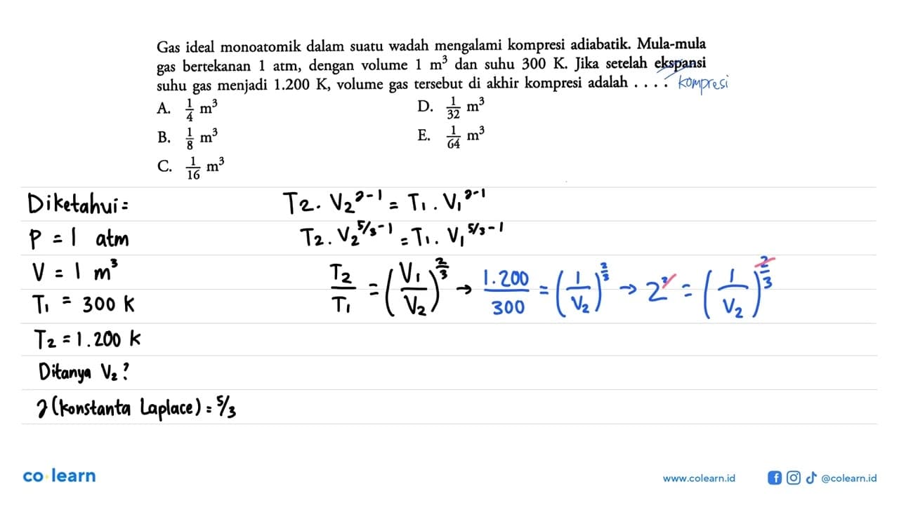 Gas ideal monoatomik dalam suatu wadah mengalami kompresi