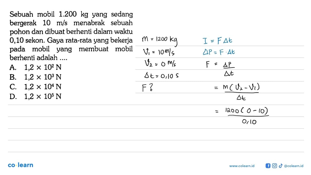 Sebuah mobil 1.200 kg yang sedang bergerak 10 m / s