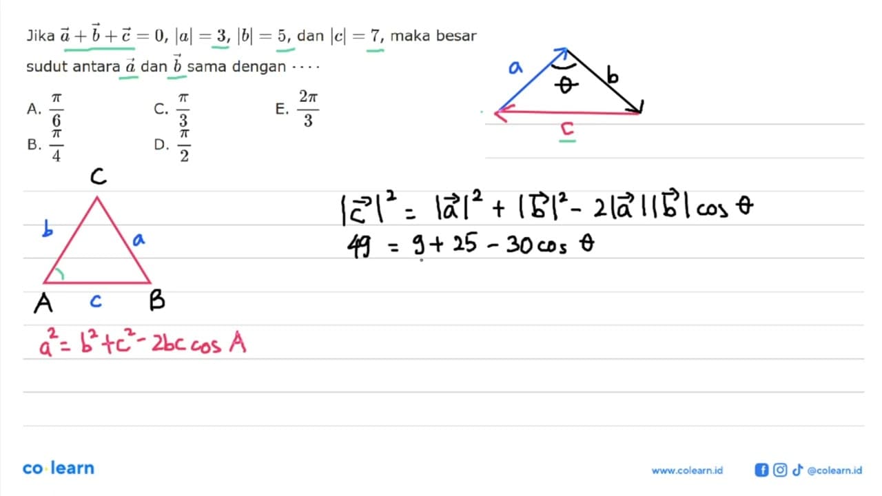 Jika vektor a+vektor b+vektor c=0,|a|=3,|b|=5, dan |c|=7,