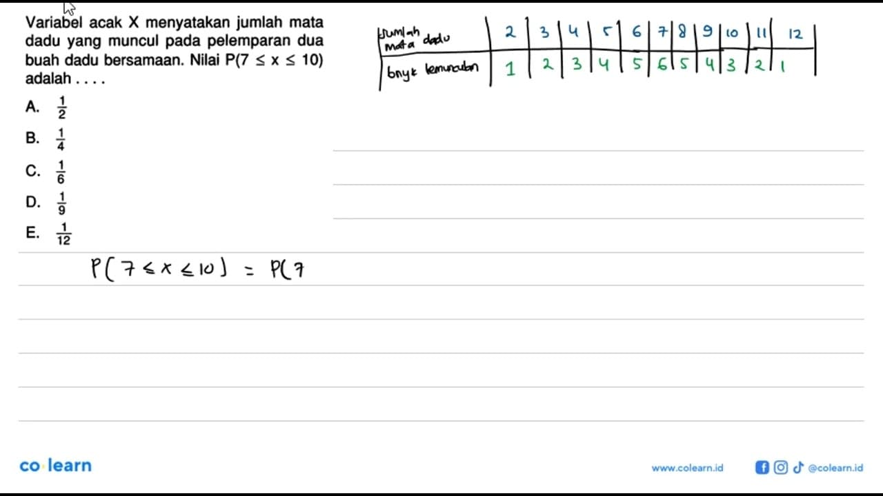 Variabel acak X menyatakan jumlah mata dadu yang muncul