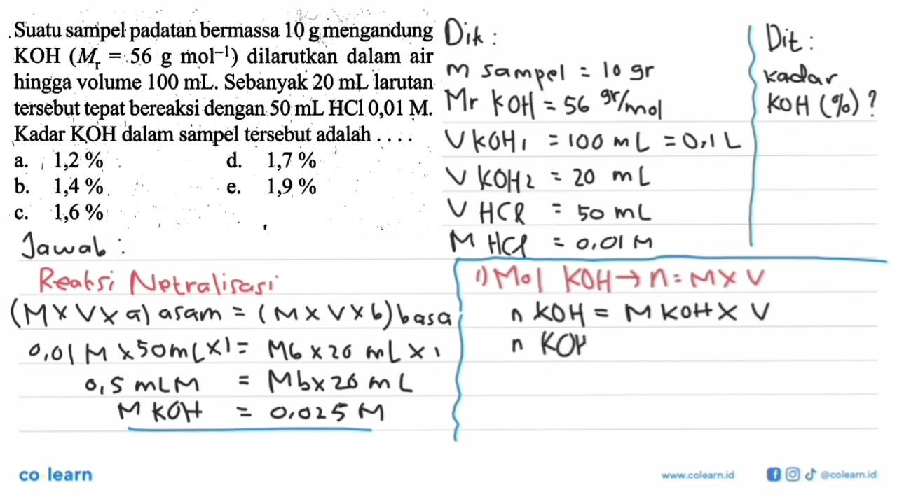 Suatu sampel padatan bermassa 10 g mengandung KOH(Mr=56 g