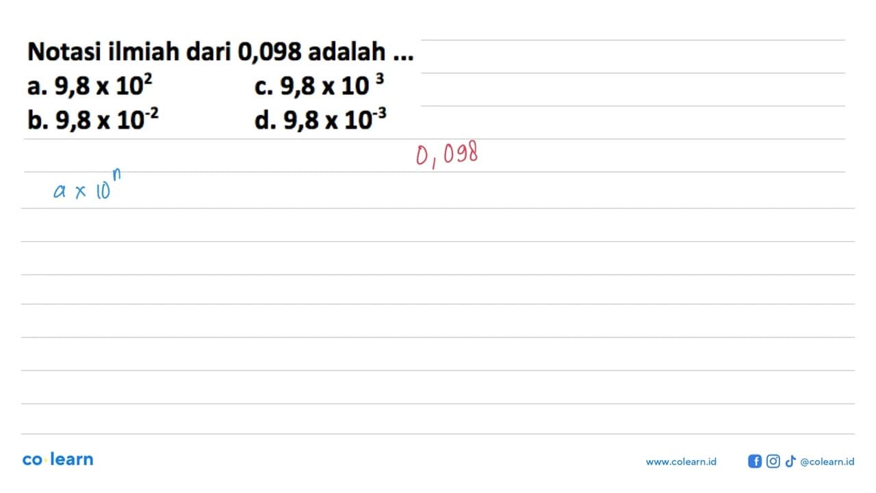 Notasi ilmiah dari 0,098 adalah...