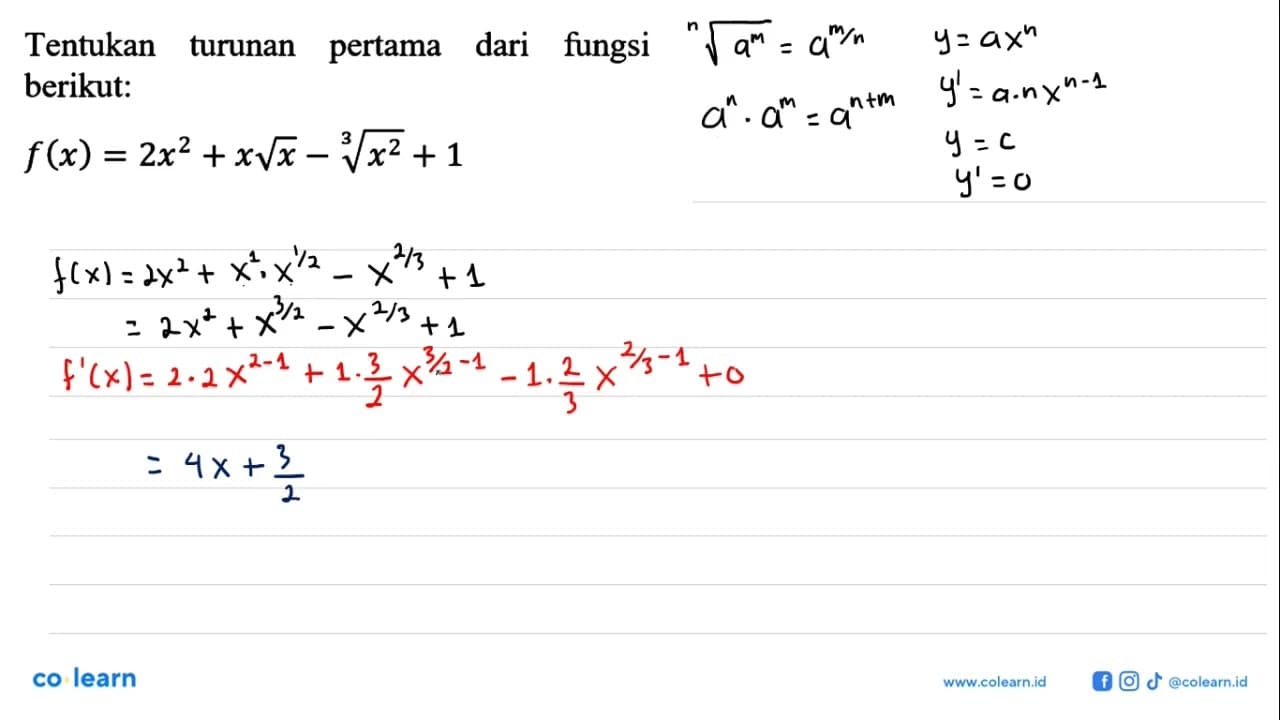 Tentukan turunan pertama dari fungsi berikut:f(x)=2x^2+x