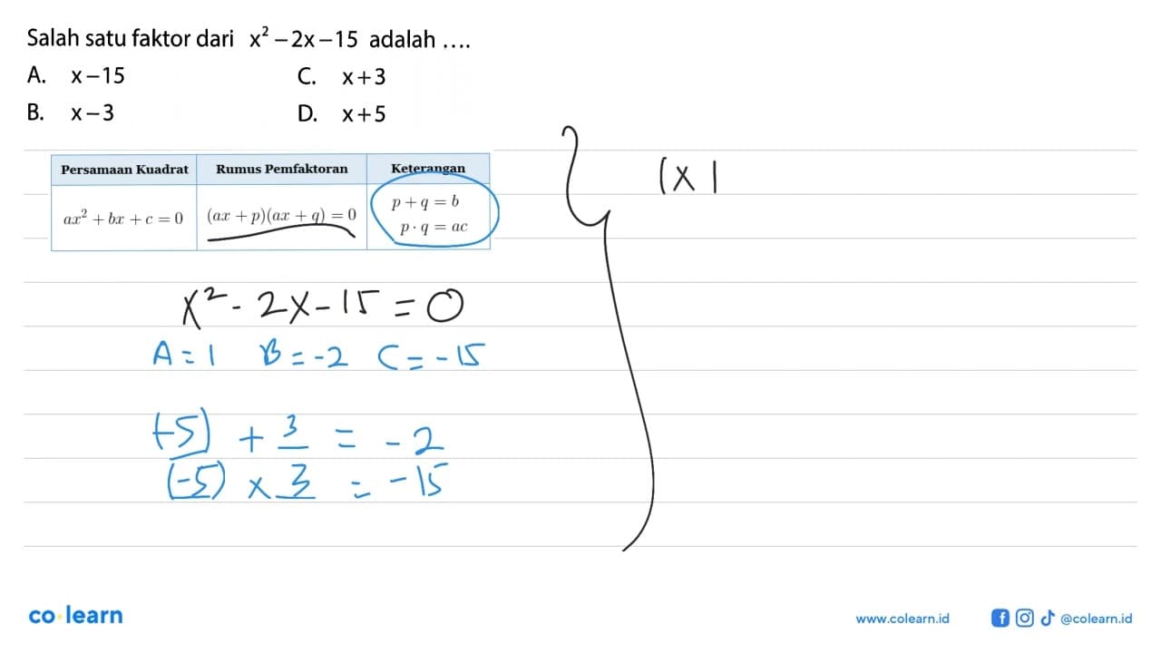 Salah satu faktor dari x^2 - 2x - 15 adalah ....