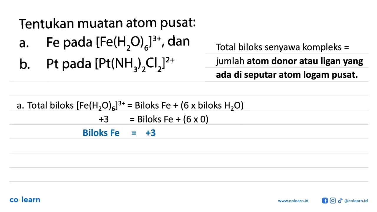 Tentukan muatan atom pusat: a. Fe pada [Fe(H2O)6]^(3+), dan