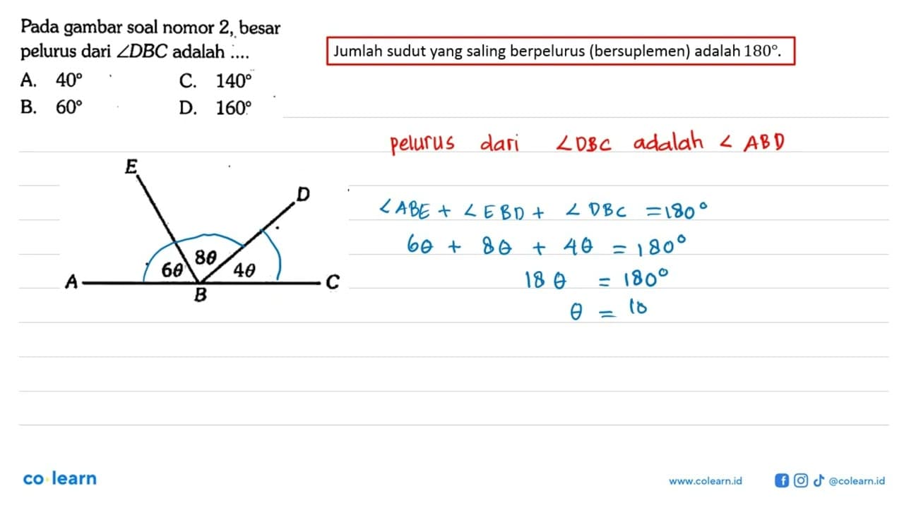 Pada gambar soal nomor 2, besar pelurus sudut DBC adalah...