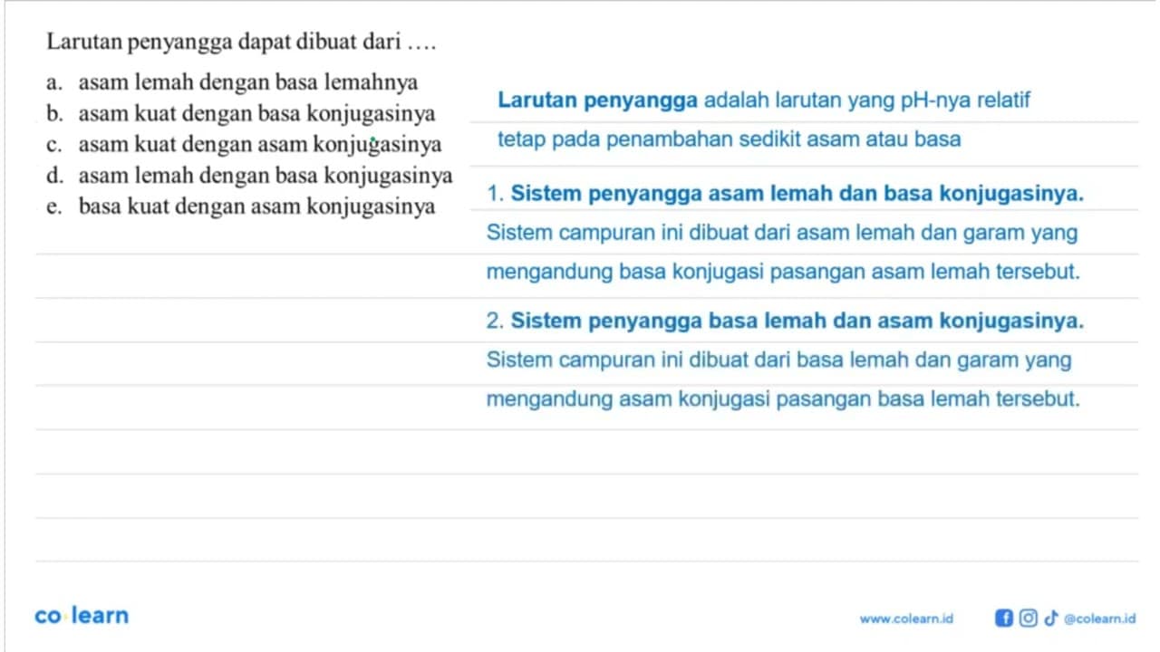 Larutan penyangga dapat dibuat dari ...a) asam lemah dengan