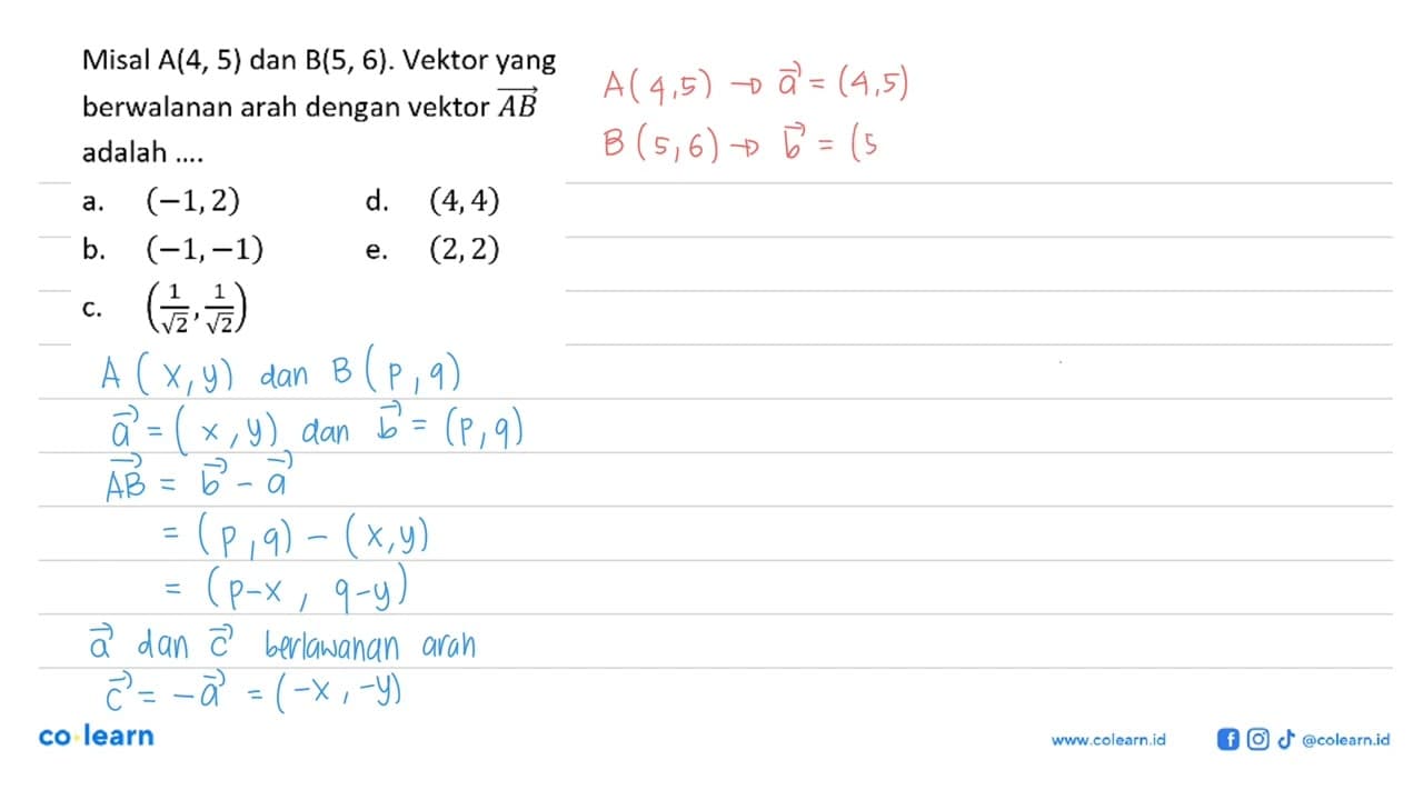 Misal A(4, 5) dan B(5, 6). Vektor yang berwalanan arah