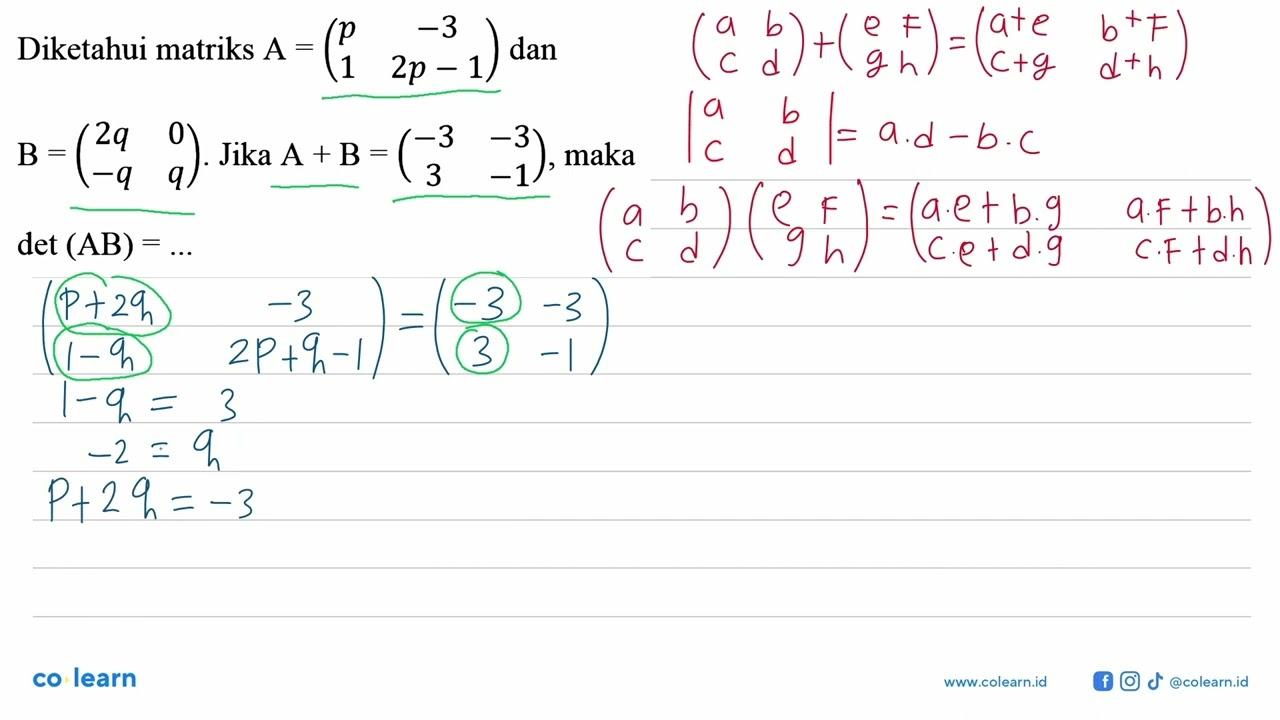 Diketahui matriks A=(p -3 1 2p-1) dan B=(2q 0 -q q). Jika