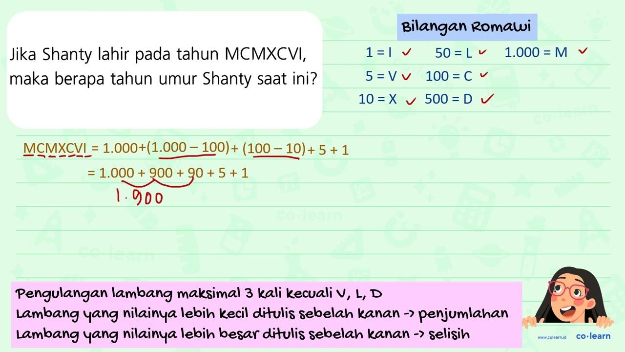 Jika Shanty lahir pada tahun MCMXCVI, maka berapa tahun