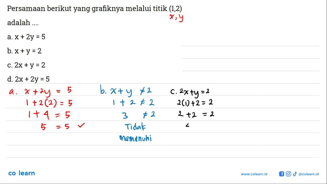 Persamaan berikut yang grafiknya melalui titik (1,2) adalah