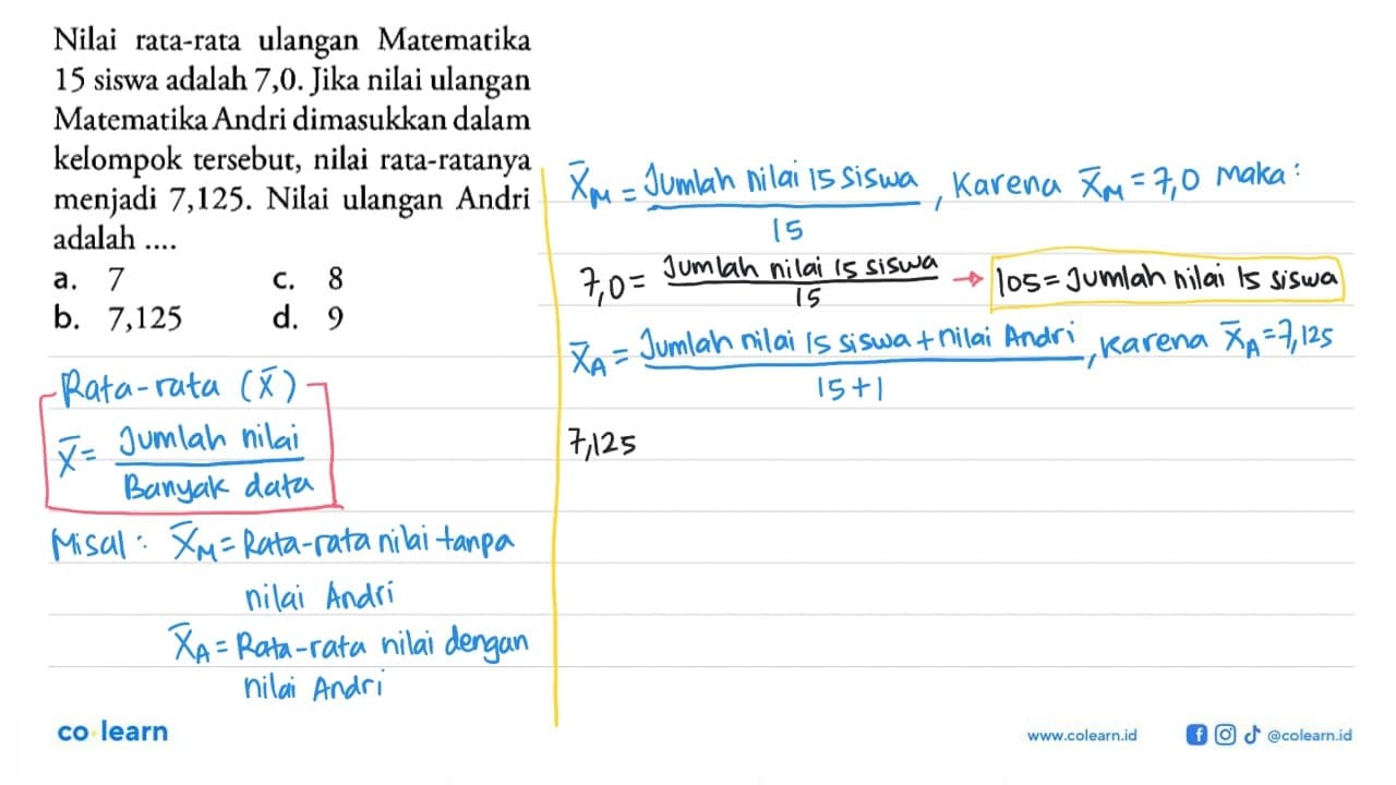 Nilai rata-rata ulangan Matematika 15 siswa adalah 7,0.