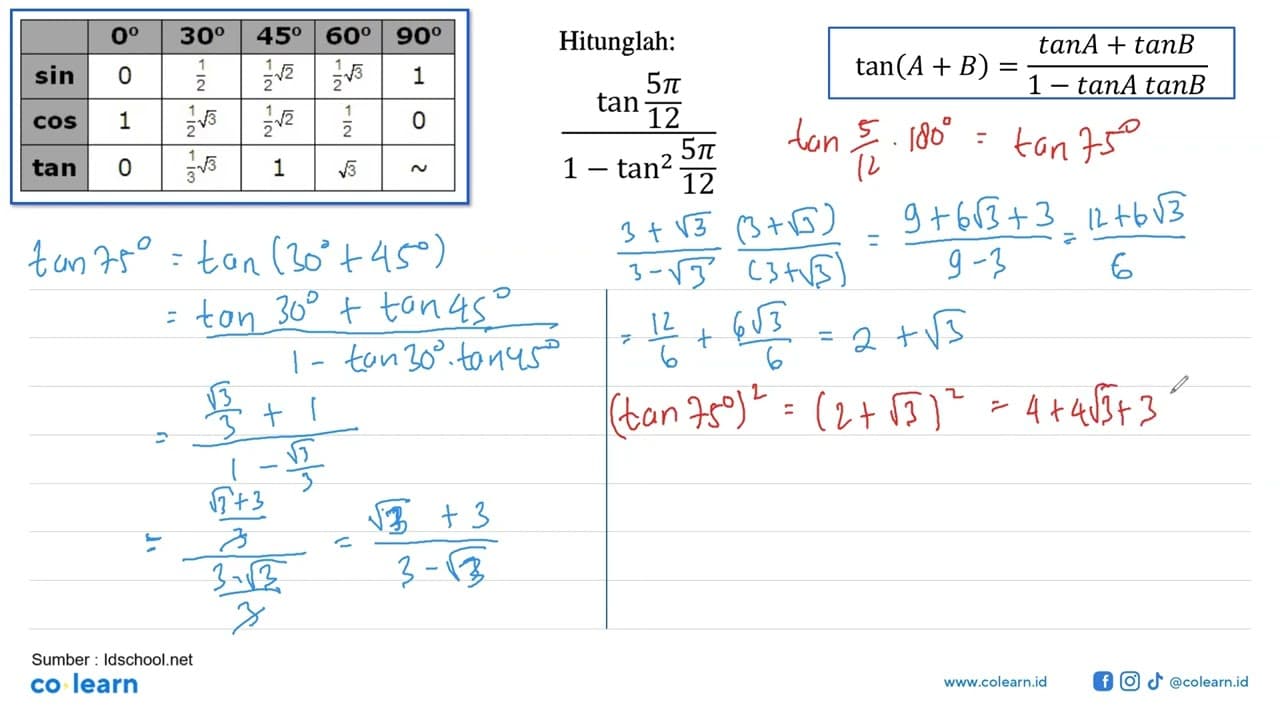 Hitunglah: tan 5pi/12/(1-tan ^2 5pi/12)