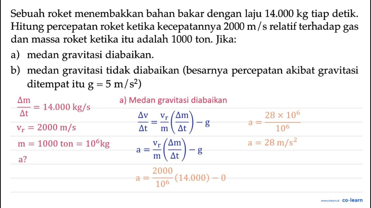 Sebuah roket menembakkan bahan bakar dengan laju 14.000 kg