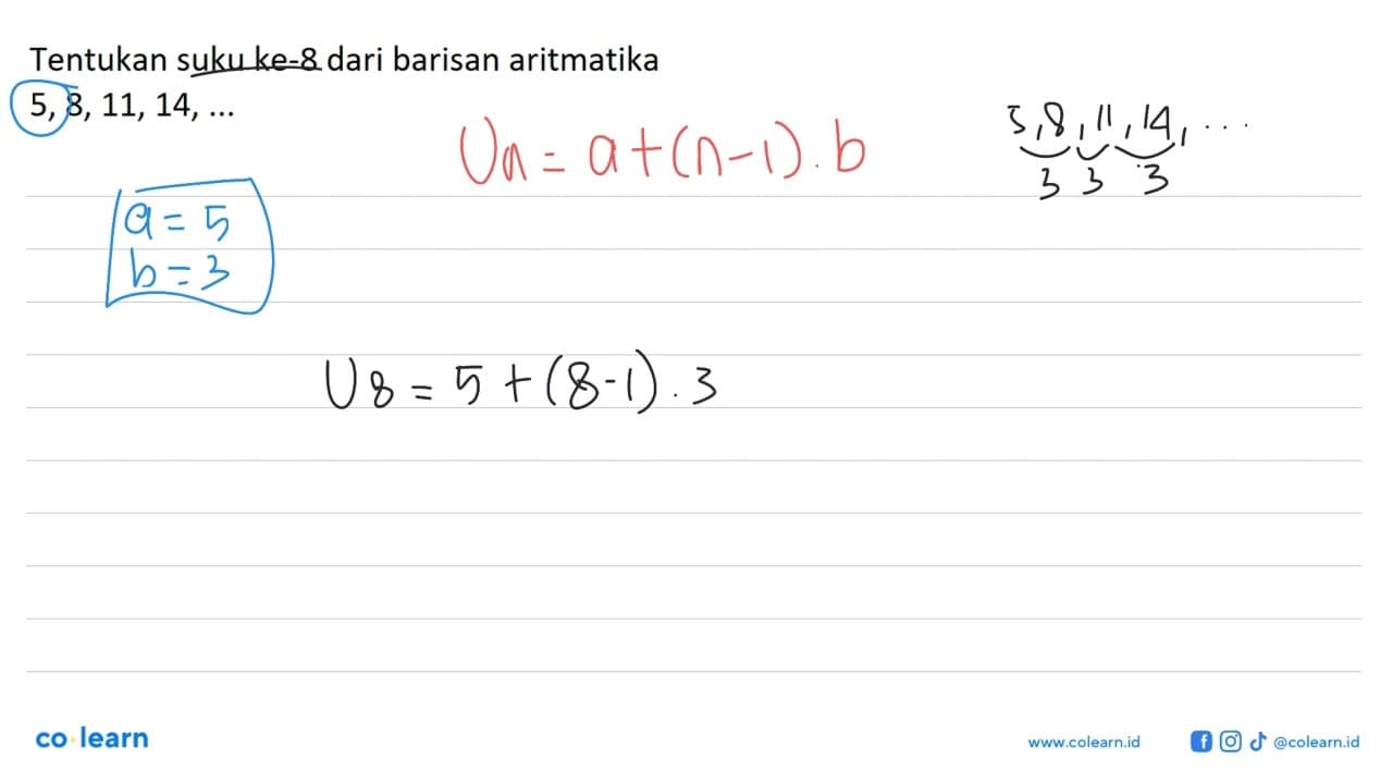 Tentukan suku ke-8 dari barisan aritmatika 5,8, 11, 14,...