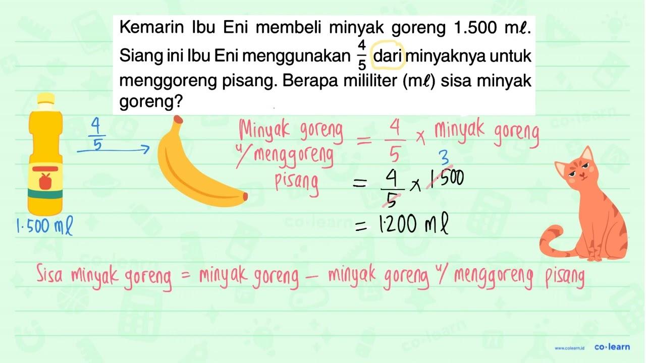 Kemarin Ibu Eni membeli minyak goreng 1.500 ml. Siang ini