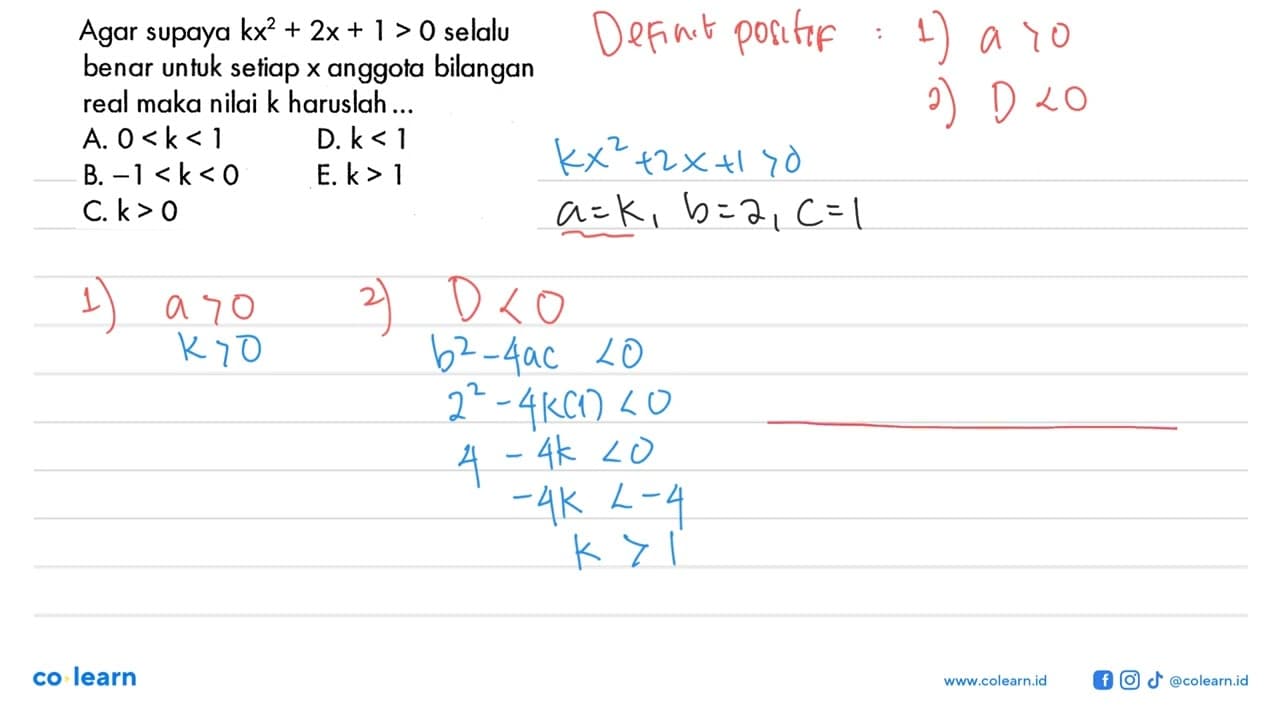 Agar supaya kx^2+2x+1>0 selalu benar untuk setiap x anggota