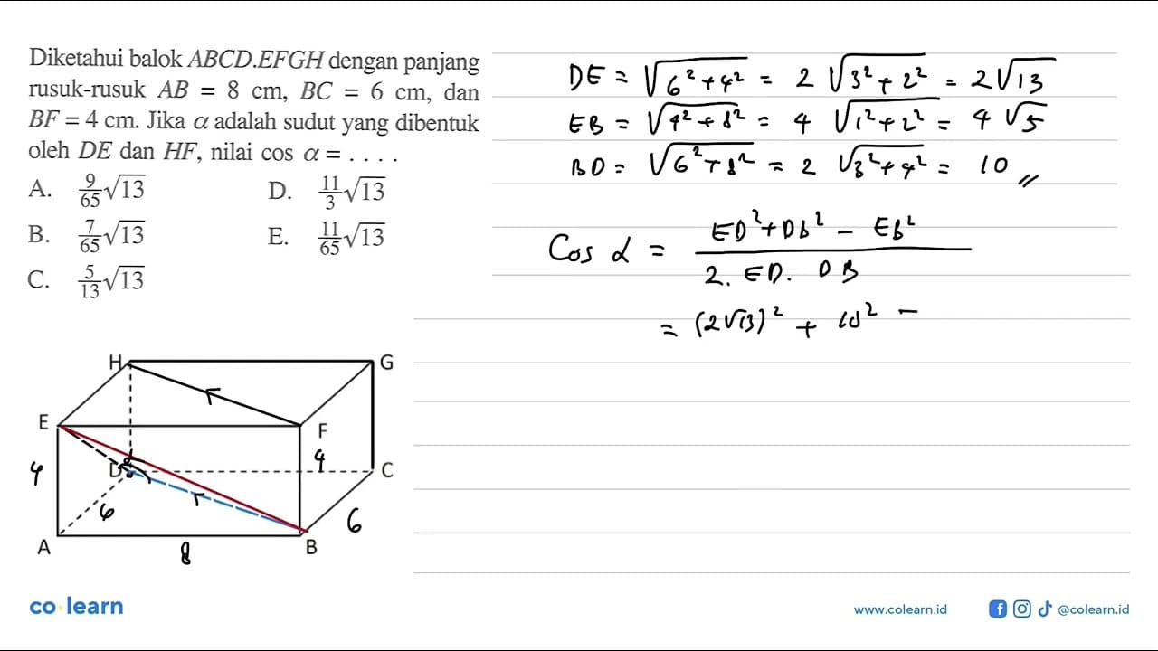 Diketahui balok ABCD.EFGH dengan panjang rusuk-rusuk AB=8