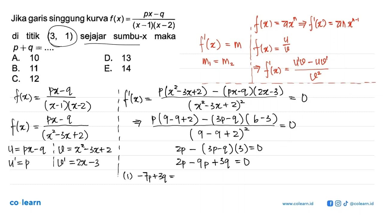 Jika garis singgung kurva f(x)=(px-q)/(x-1)(x-2) di titik