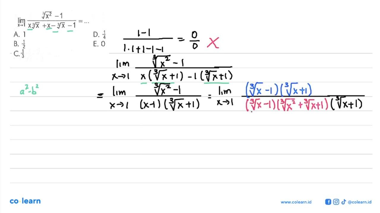 lim x -> 1 (x^(2/3)-1)/(x x^(1/3)+x-x^(1/3)-1)=...