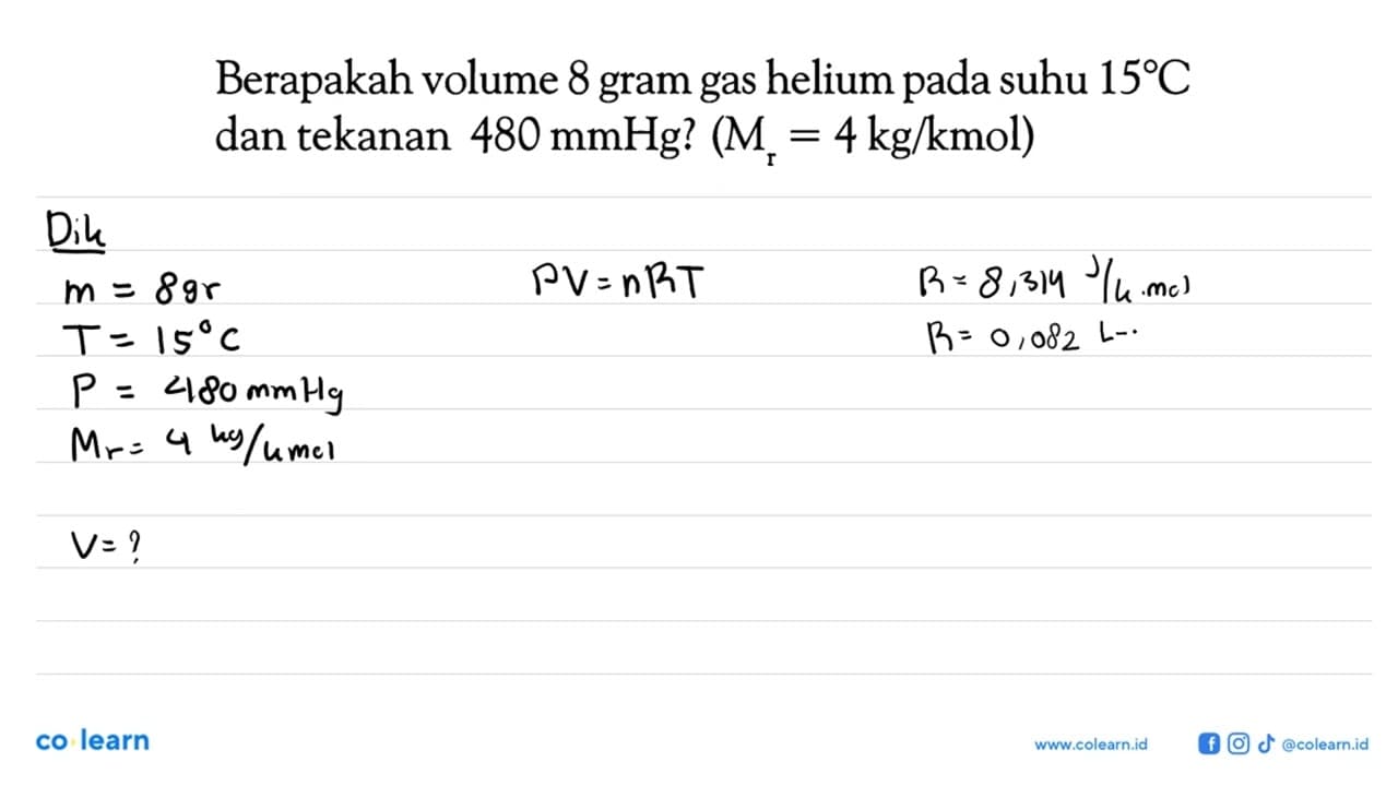 Berapakah volume 8 gram gas helium pada suhu 15C dan