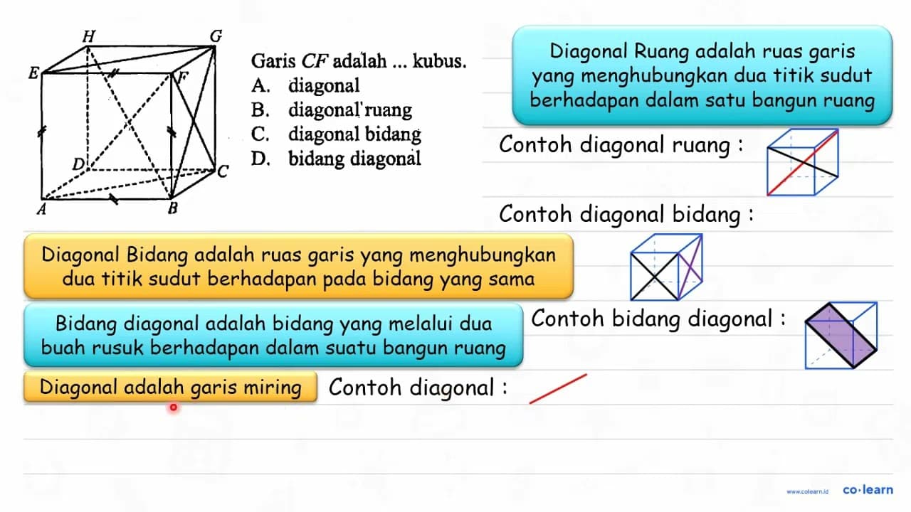 A B C D E F G H Garis CF adalah ... kubus. A. diagonal B.