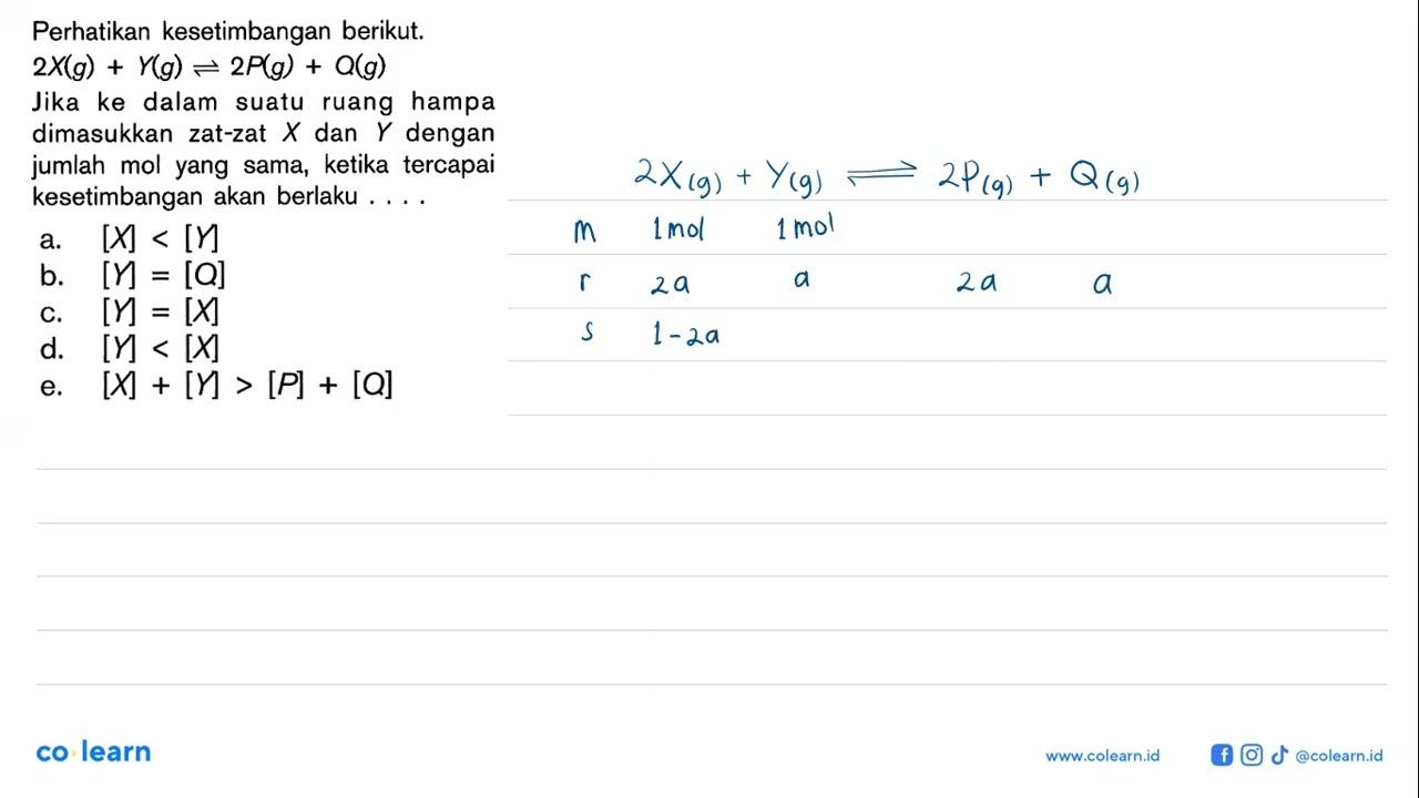 Perhatikan kesetimbangan berikut. 2X (g)+Y (g)<-2P (g)+Q