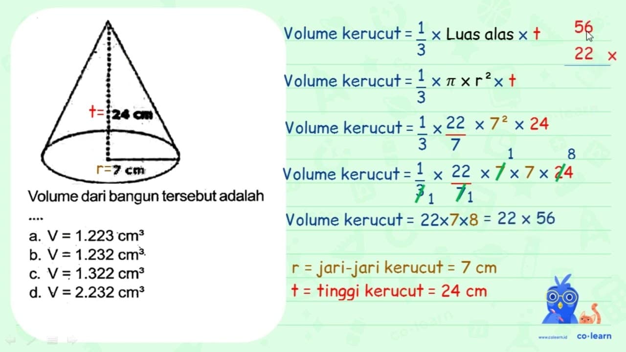 Volume dari bangun tersebut adalah a. a. V=1.223 cm^(3) b.