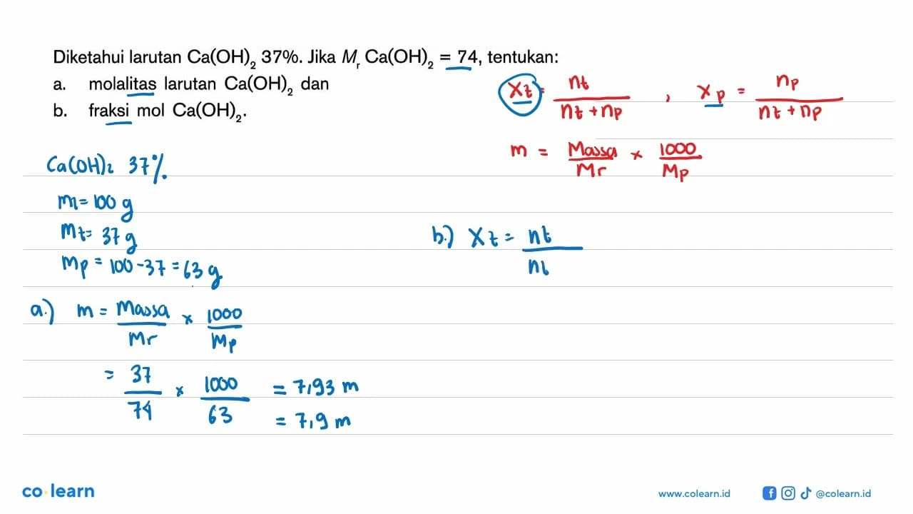 Diketahui larutan Ca(OH)2 37%. Jika Mr Ca(OH)2 = 74,