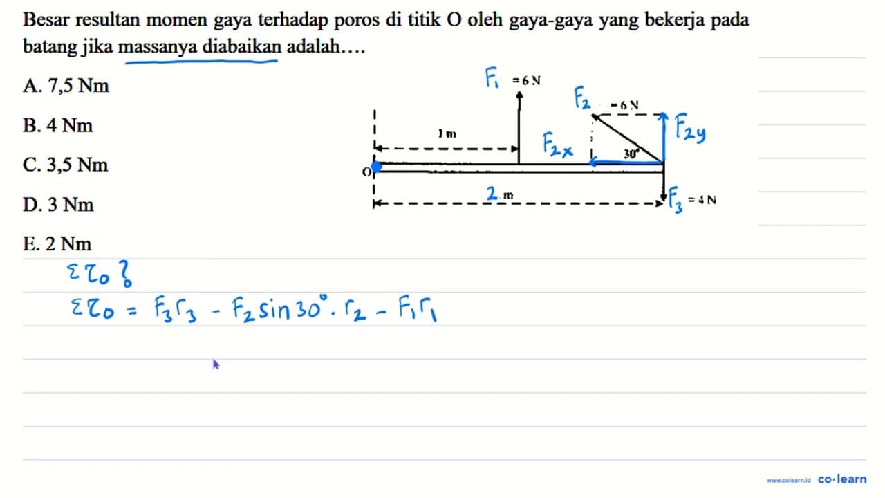 Besar resultan momen gaya terhadap poros di titik O oleh