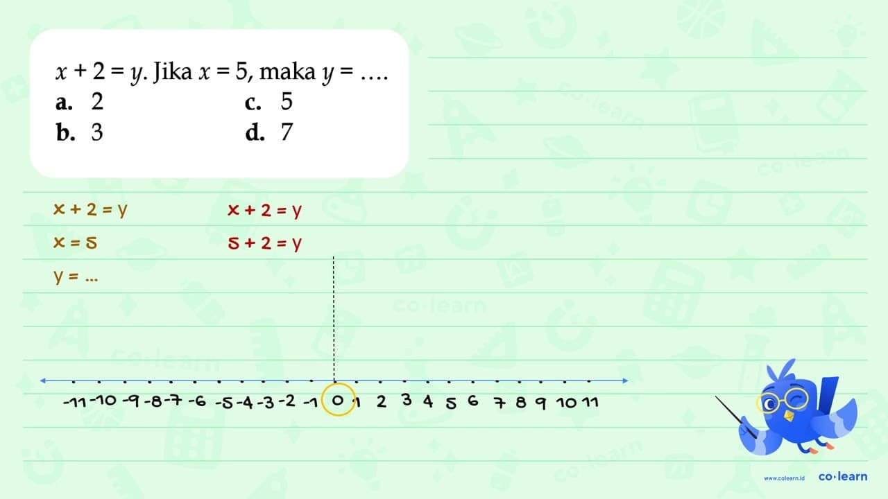 x + 2 = y. Jika x = 5, maka y = ....