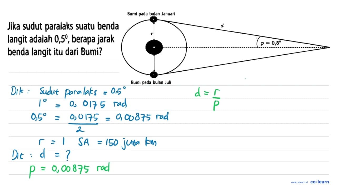 Jika sudut paralaks suatu benda langit adalah 0,5, berapa