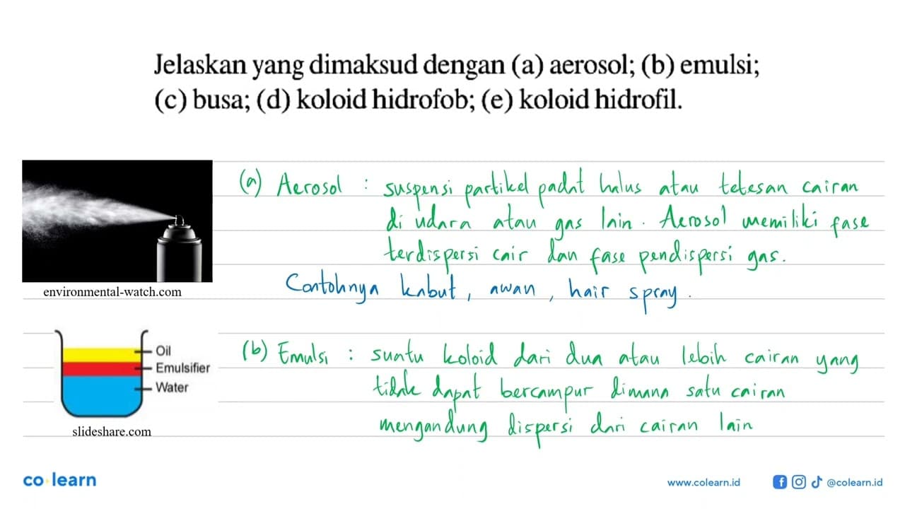 Jelaskan yang dimaksud dengan (a) aerosol; (b) emulsi; (c)