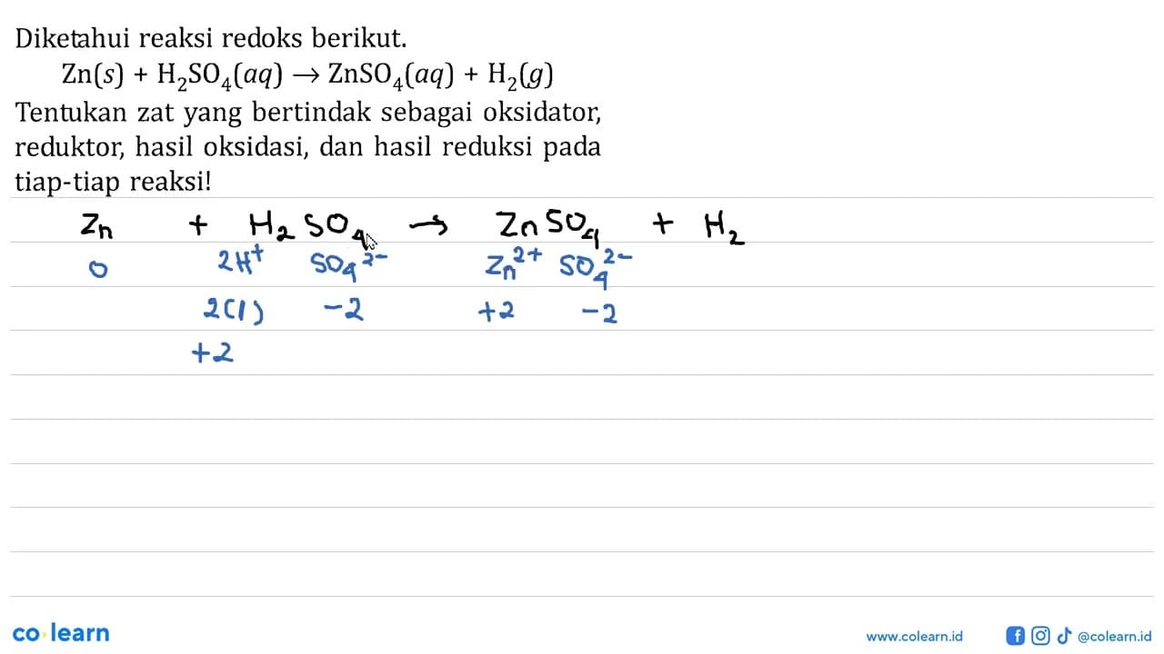 Diketahui reaksi redoks berikut. Zn (s)+H2SO4 (aq)->ZnSO4