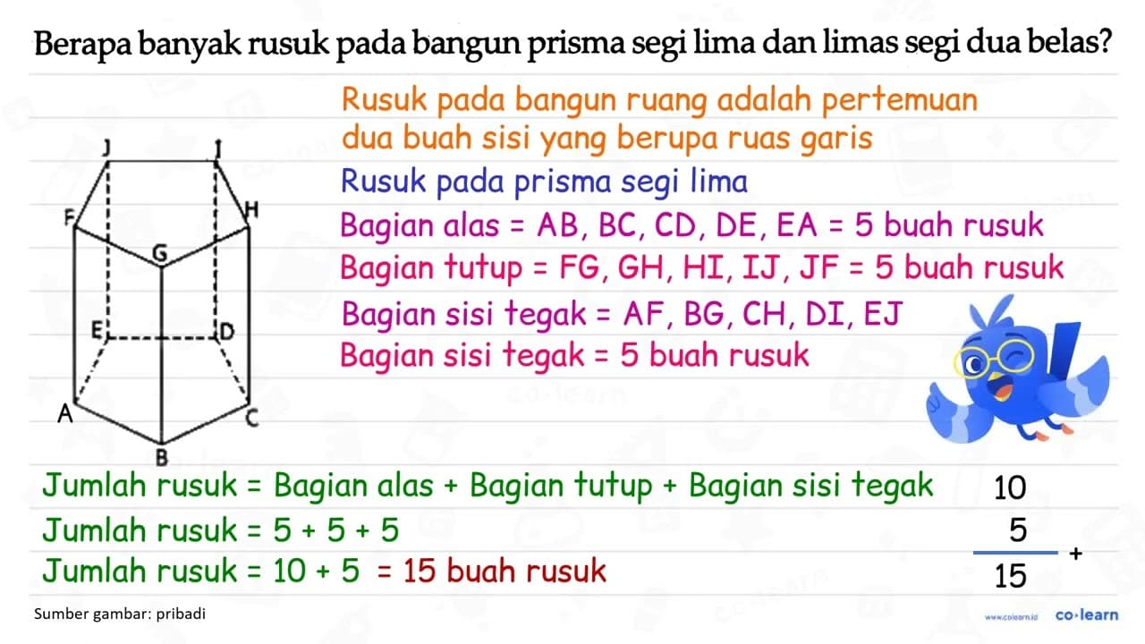 Berapa banyak rusuk pada bangun prisma segi lima dan limas