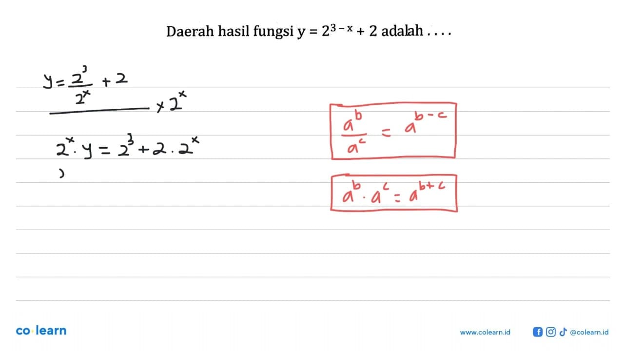 Daerah hasil fungsi y=2^(3-x)+2 adalah ...