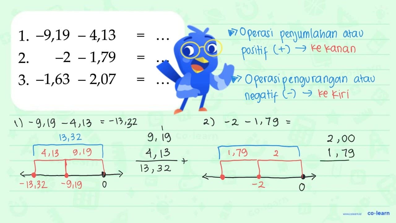 1. -9,19 - 4,13 = ... 2. -2 - 1,79 = ... 2. -1,63 - 2,07 =