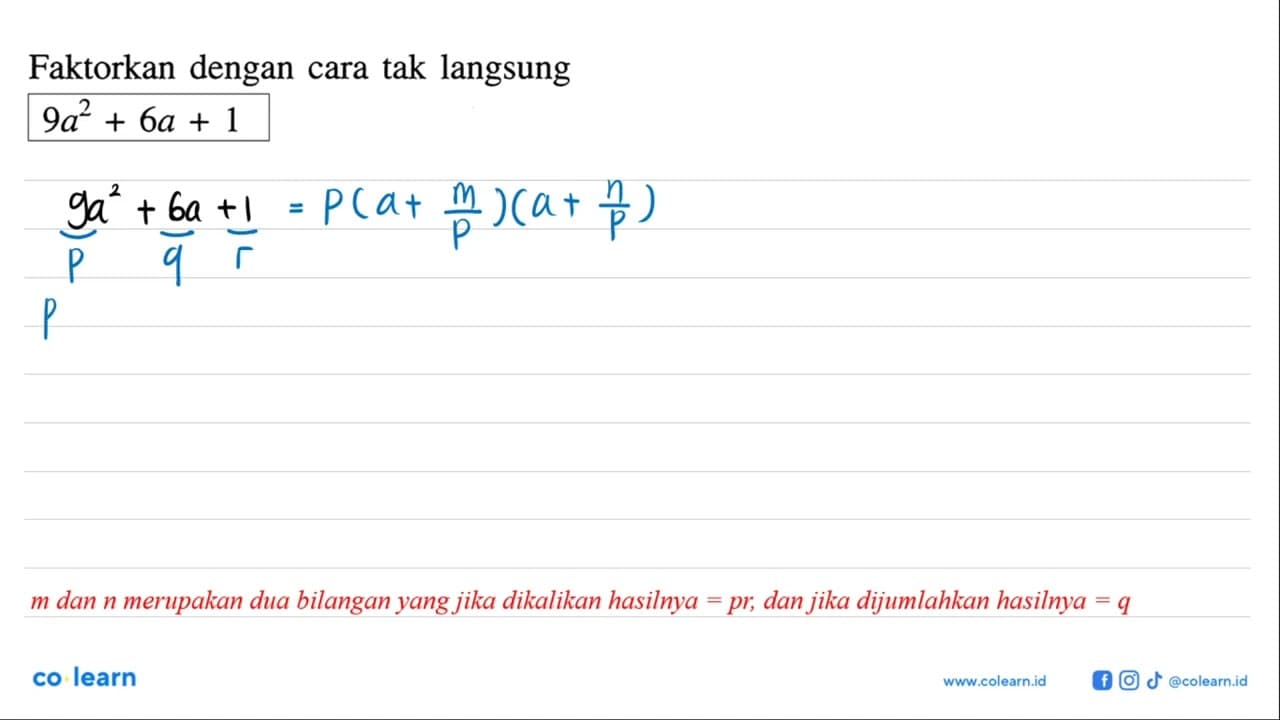 Faktorkan dengan cara tak langsung. 9a^2 + 6a + 1