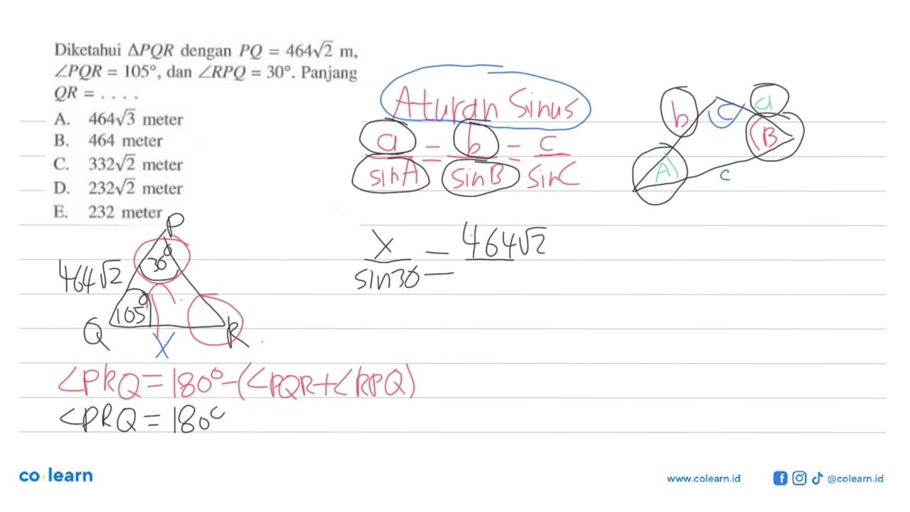 Diketahui segitiga PQR dengan PQ=464akar(2) m, sudut