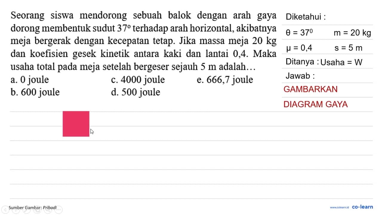 Seorang siswa mendorong sebuah balok dengan arah gaya