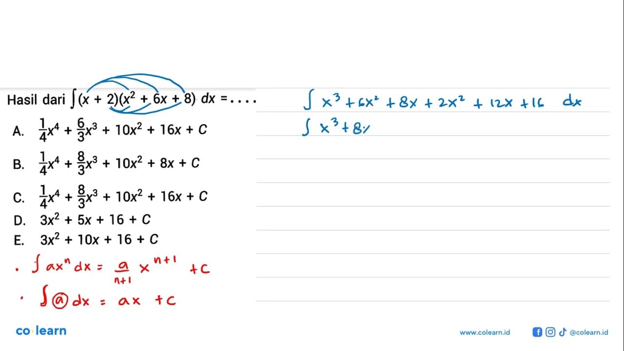 Hasil dari integral (x+2)(x^2+6 x+8) dx=...