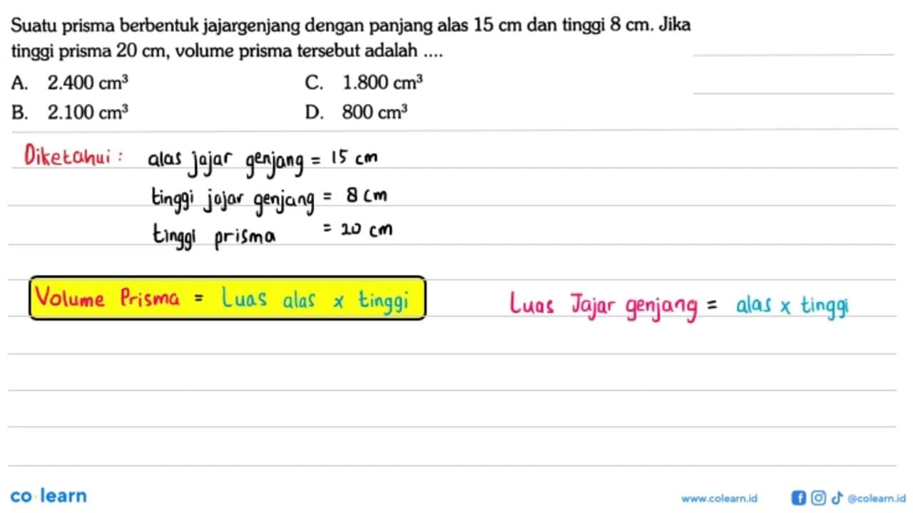 Suatu prisma berbentuk jajargenjang dengan panjang alas 15