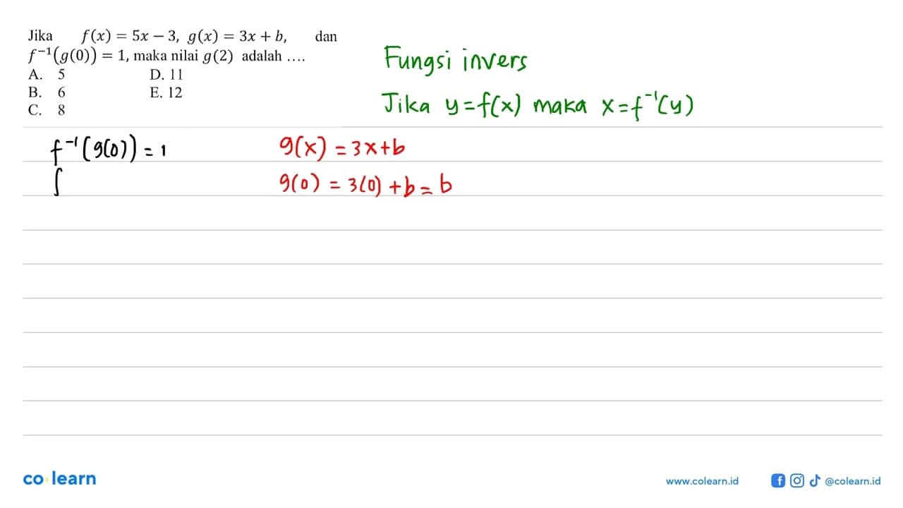 Jika f(x)=5x-3, g(x)=3x+b, danf^(-1)(g(0))=1, maka nilai