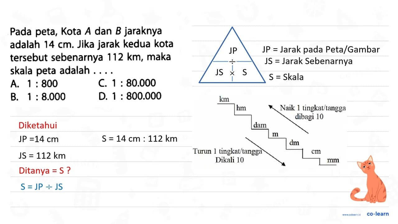 Pada peta, Kota A dan B jaraknya adalah 14 cm. Jika jarak