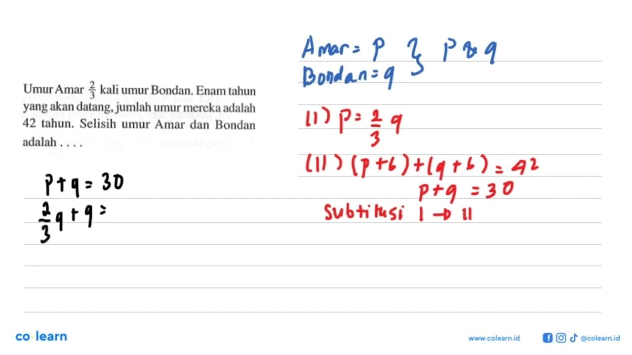 Umur Amar 3 kali umur Bondan. Enam tahun yang akan datang,