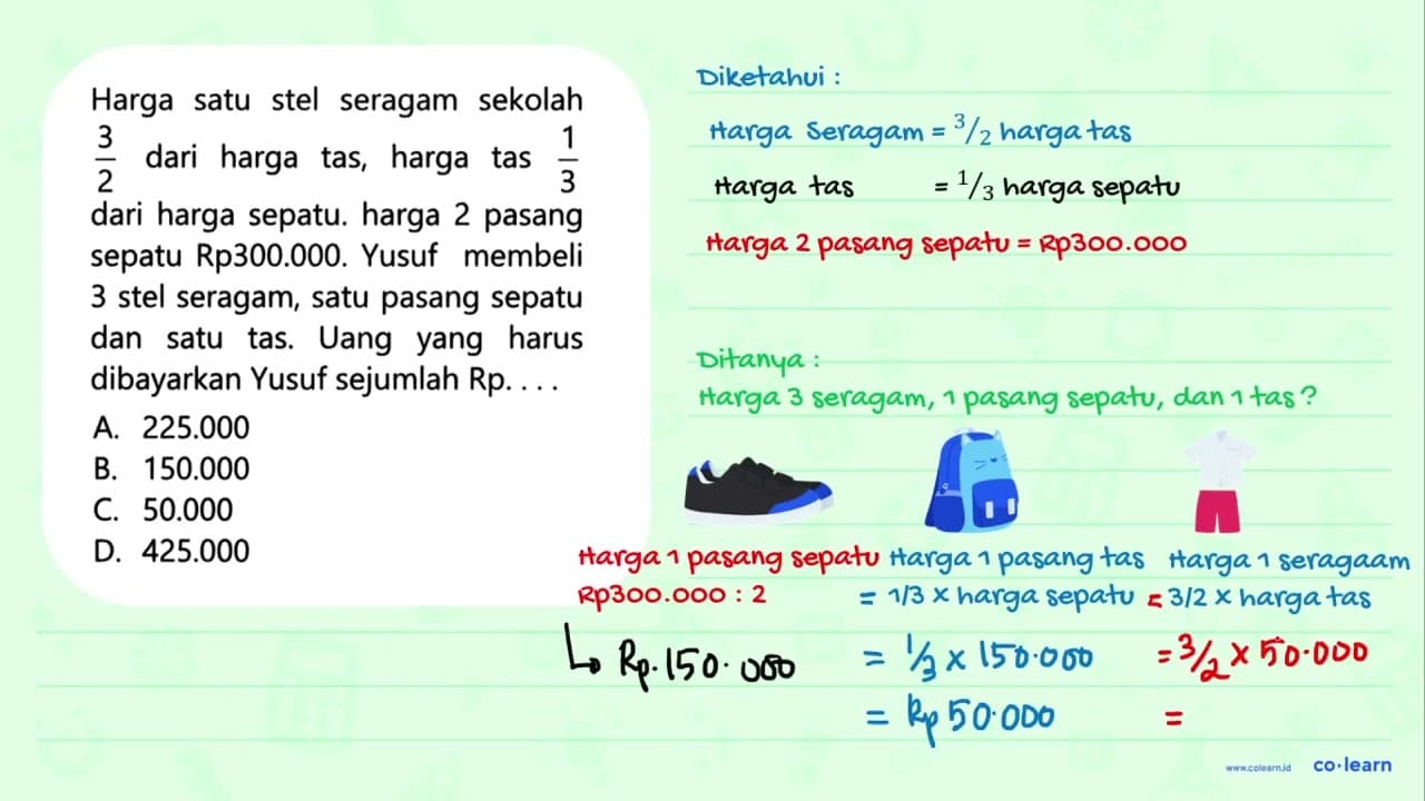 Harga satu stel seragam sekolah 3/2 dari harga tas, harga