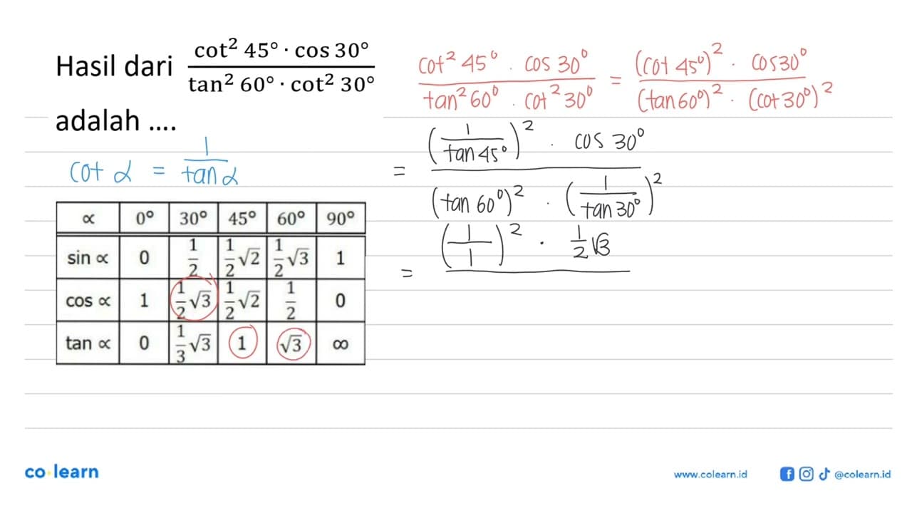 Hasil dari (cot^2 45 . cos 30)/(tan^2 60 . cot^2 30) adalah