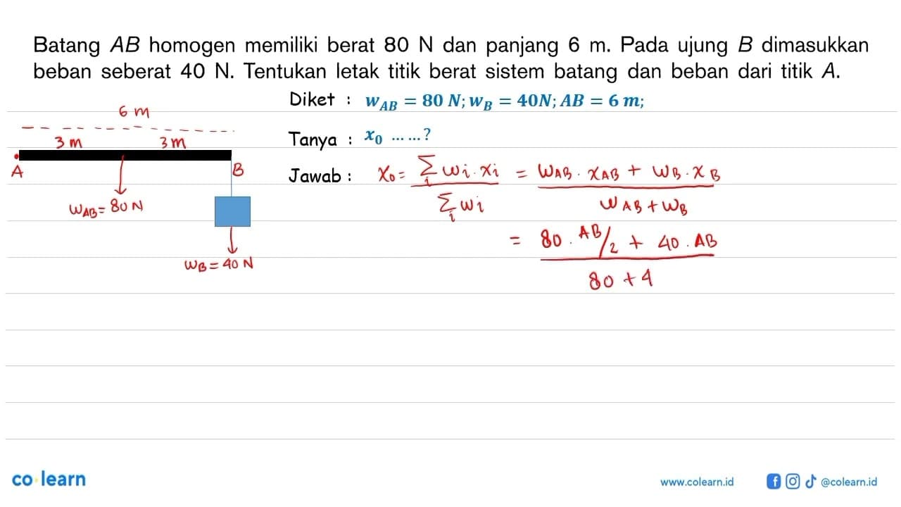 Batang A B homogen memiliki berat 80 N dan panjang 6 m.